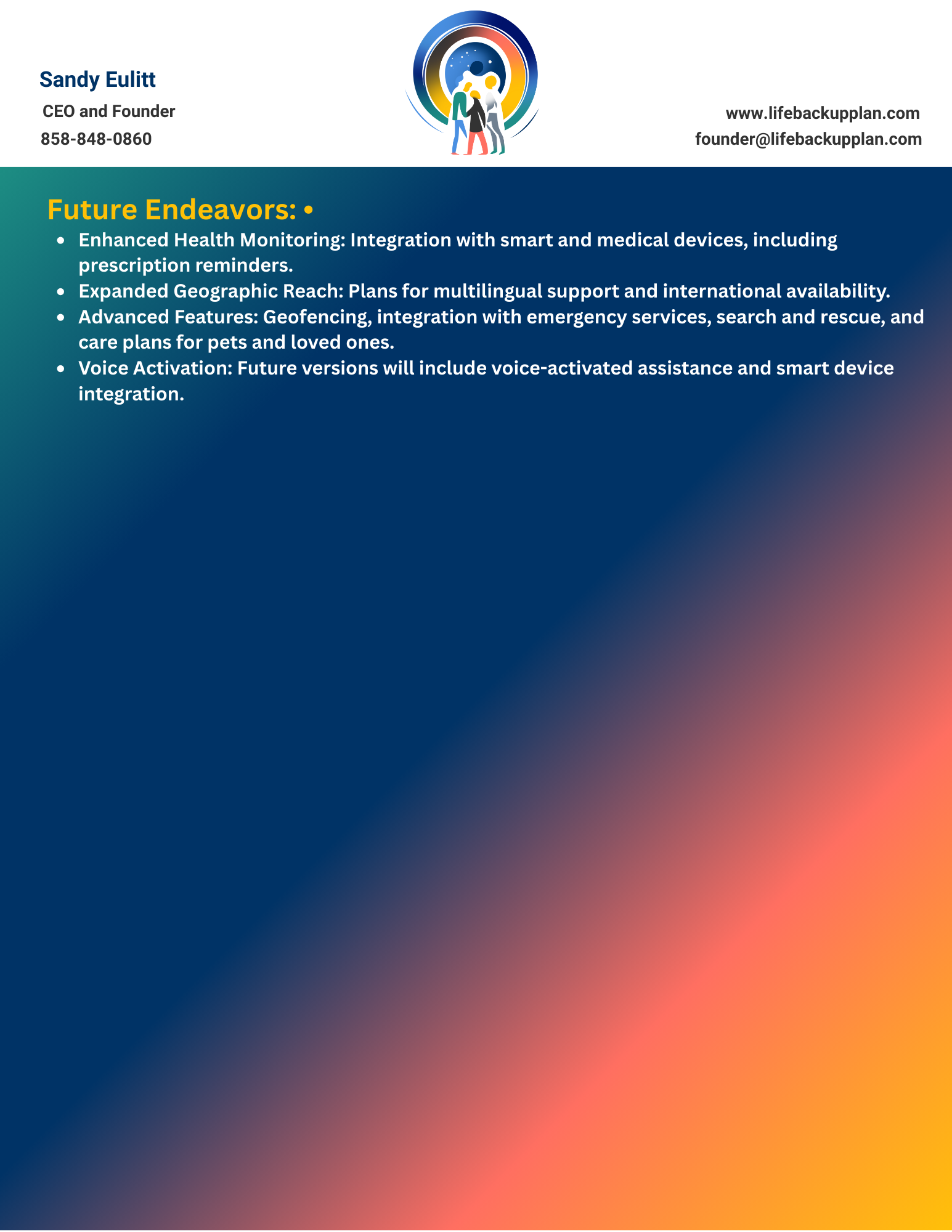 Life Backup Plan Capability Statement - Differentiators, Client Base, and Future Endeavors | Affordable Safety and Health Solutions for Seniors, Families, and Organizations. Advanced Features and Strategic Expansion Plans.