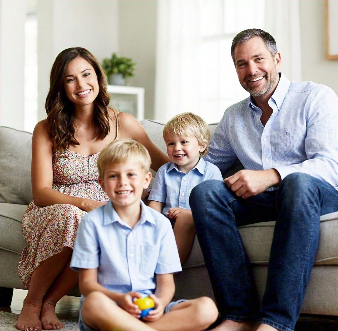 Family in a cozy living room using Life Backup Plan app for home safety, ensuring peace of mind and protection against emergencies or unexpected situations