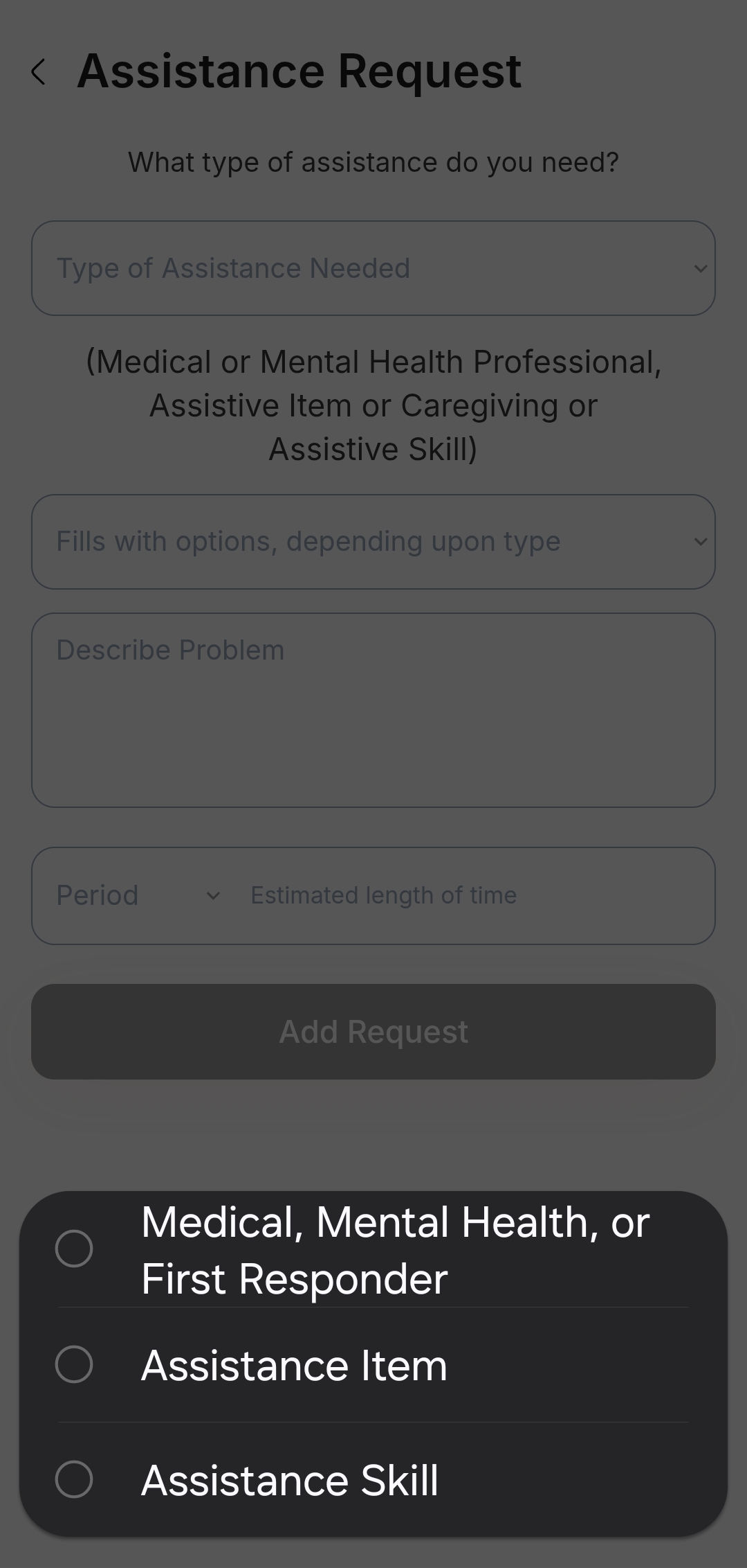 Screenshot of Life Backup Plan mobile app showing Request Assistance screen with options for assistive skills, assistive items, or healthcare workers to support post-surgery recovery, senior independence, and emergency needs.